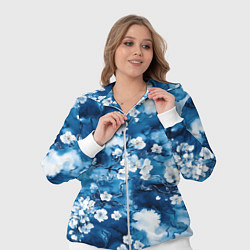 Женский 3D-костюм Цветы белой сакуры - паттерн на синем фоне, цвет: 3D-белый — фото 2