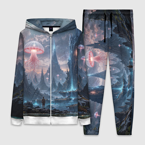Женский костюм Фантастический мир с медузами и озеро у гор / 3D-Белый – фото 1