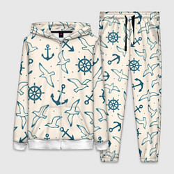 Женский 3D-костюм Морской паттерн из штурвалов, чаек и якорей, цвет: 3D-белый