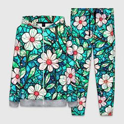 Женский 3D-костюм Цветочный сине-зелёный витраж, цвет: 3D-меланж