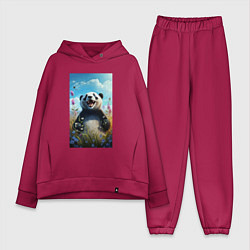 Женский костюм оверсайз Довольная панда на природе, цвет: маджента