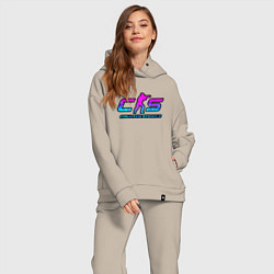 Женский костюм оверсайз КС 2 лого неон, цвет: миндальный — фото 2