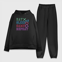 Женский костюм оверсайз Eat play sleep repeat lettering, цвет: черный