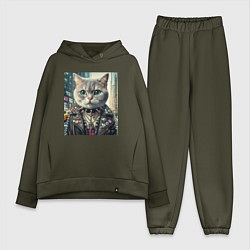 Женский костюм оверсайз Прикольный котик фанат тяжёлого рока - нейросеть, цвет: хаки
