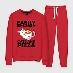 Костюм хлопковый женский Легко отвлекаюсь на котов и пиццу, цвет: красный