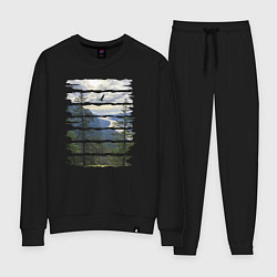 Костюм хлопковый женский Горы, небо и птицы, цвет: черный