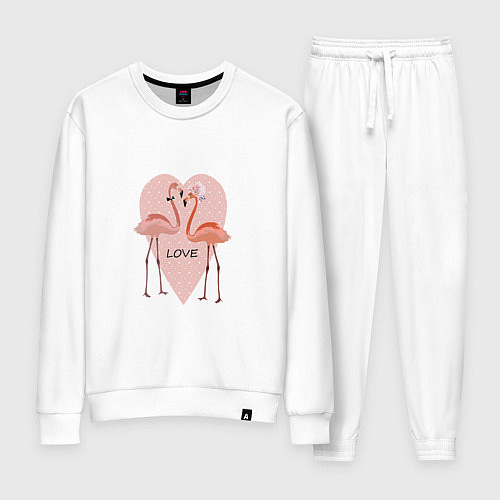 Женский костюм Розовые фламинго на фоне розового сердца / Белый – фото 1