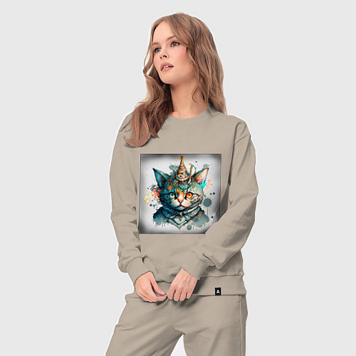 Женский костюм Абстрактный акварельный кот с колпаком и брызгами / Миндальный – фото 3