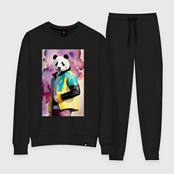 Костюм хлопковый женский Панда в модной куртке - акварель, цвет: черный