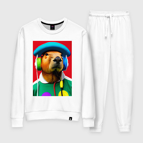 Женский костюм Капибара в наушниках и шляпе - нейросеть / Белый – фото 1