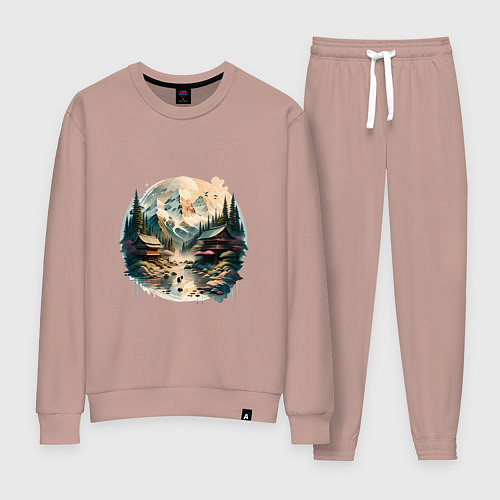 Женский костюм Японские дома на фоне гор в стиле моротай / Пыльно-розовый – фото 1