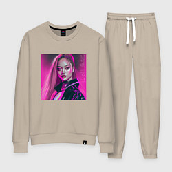 Костюм хлопковый женский Blackpink Lisa аниме рисунок, цвет: миндальный