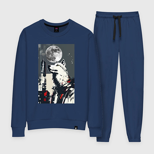 Женский костюм Волк на фоне луны - мегаполис - нейросеть / Тёмно-синий – фото 1
