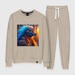 Костюм хлопковый женский Медведь-индеец от нейросети, цвет: миндальный