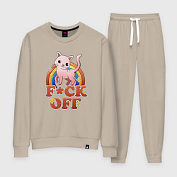 Костюм хлопковый женский F*ck off cat retro, цвет: миндальный