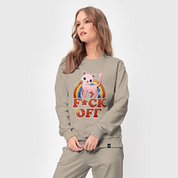 Костюм хлопковый женский F*ck off cat retro, цвет: миндальный — фото 2