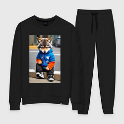 Костюм хлопковый женский Уличный волчонок-хулиган - нейросеть, цвет: черный