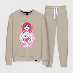 Костюм хлопковый женский Матрешка красно черная с птицей петух, цвет: миндальный