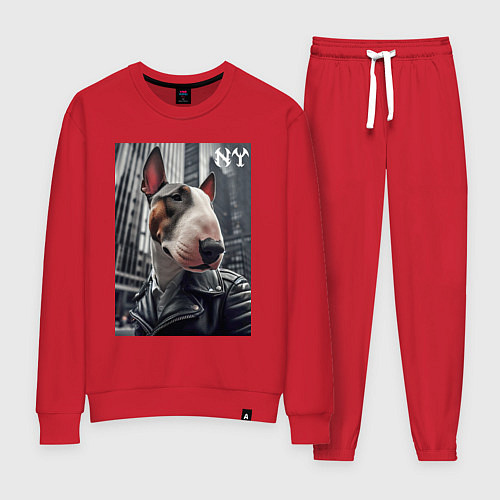 Женский костюм Dude bull terrier in New York - ai art / Красный – фото 1