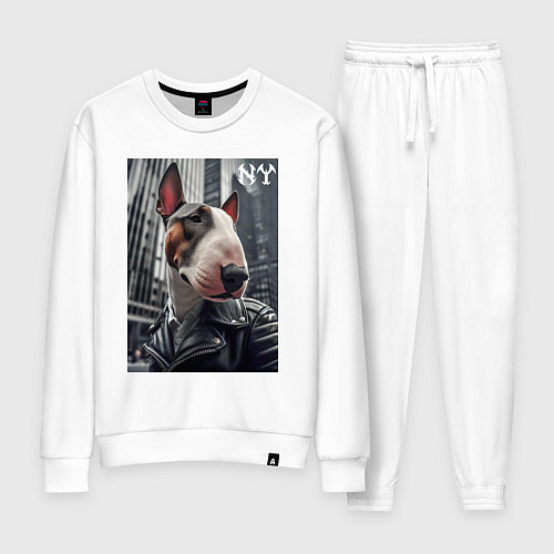 Женский костюм Dude bull terrier in New York - ai art / Белый – фото 1