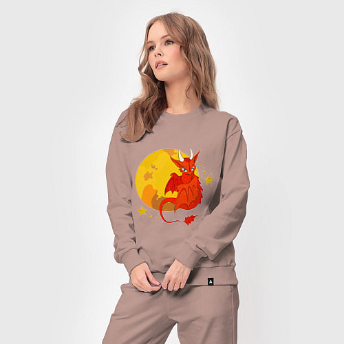 Женский костюм Красный дракон на фоне луны / Пыльно-розовый – фото 3