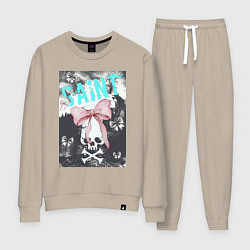 Костюм хлопковый женский Милый череп с бантиком, цвет: миндальный