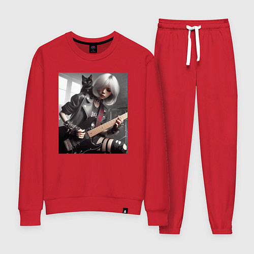 Женский костюм Девчонка рок гитарист с чёрным котом / Красный – фото 1
