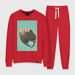 Костюм хлопковый женский Выдры плавают, цвет: красный