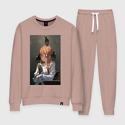 Костюм хлопковый женский Человек-бензопила Макима вороны, цвет: пыльно-розовый