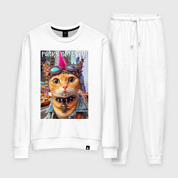 Костюм хлопковый женский Котёнок панк музыкант из Нью-Йорка - нейросеть, цвет: белый