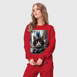 Костюм хлопковый женский Кот панк с разноцветным хаером - Нью-Йорк, цвет: красный — фото 2