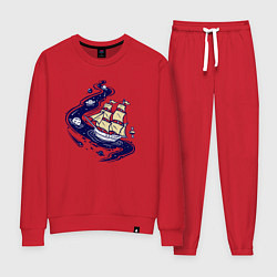 Костюм хлопковый женский Парусник в космосе, цвет: красный
