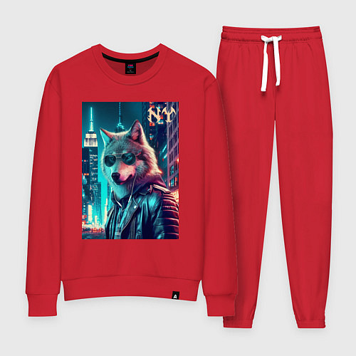 Женский костюм Крутой волчара в ночном Нью-Йорке - нейроарт / Красный – фото 1