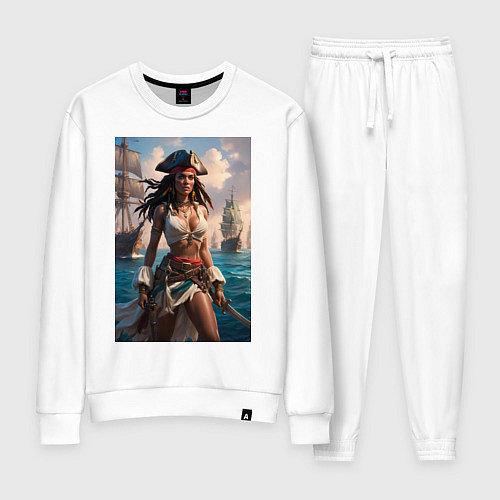 Женский костюм Пиратка на фона флотилии кораблей / Белый – фото 1