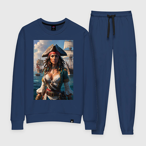 Женский костюм Пиратка на фона флотилии кораблей / Тёмно-синий – фото 1