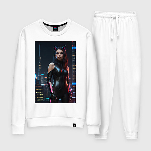 Женский костюм Девушка с кошачьими ушами стоит на фоне небоскребо / Белый – фото 1