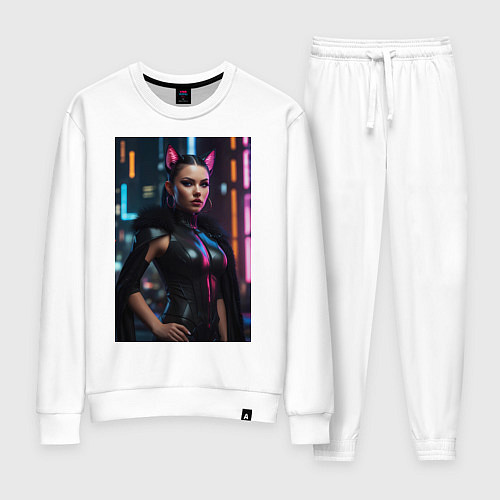 Женский костюм Девушка с кошачьими ушами стоит на фоне небоскребо / Белый – фото 1