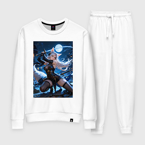 Женский костюм Лисица с катаной на фоне полной Луны / Белый – фото 1