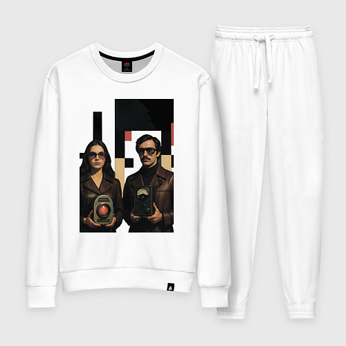 Женский костюм Мужчина и женщина с гаджетами поп-арт ретро-футури / Белый – фото 1