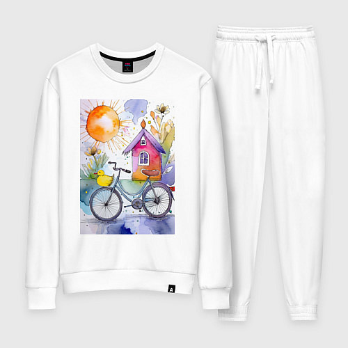 Женский костюм Утенок на велосипеде - акварель / Белый – фото 1