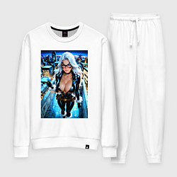 Костюм хлопковый женский Черная кошка с брилиантом на крыше здания, цвет: белый