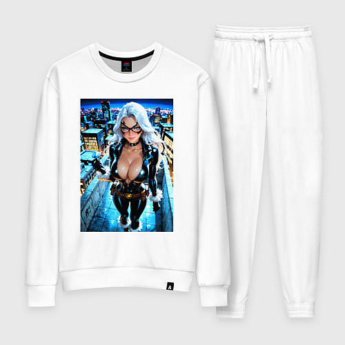 Женский костюм Черная кошка с брилиантом на крыше здания / Белый – фото 1