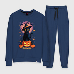 Костюм хлопковый женский Halloween cat sits on pumpkin, цвет: тёмно-синий