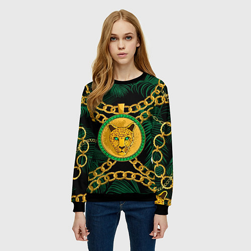 Женский свитшот Золотой леопард и цепь / 3D-Черный – фото 3