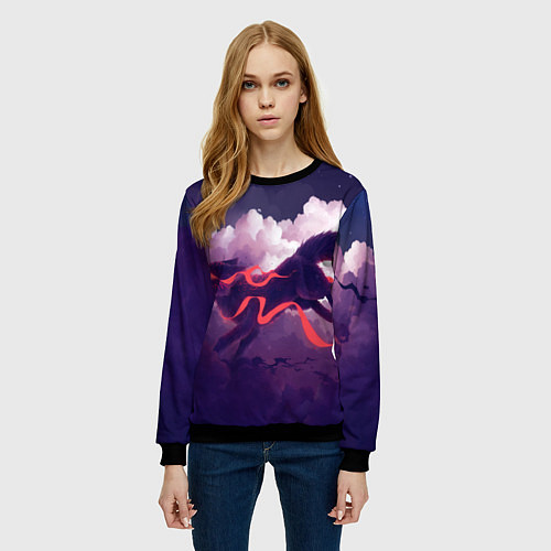 Женский свитшот Лиса бежит по облакам / 3D-Черный – фото 3
