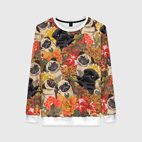 Женский свитшот Мопсики Цветочки / 3D-Белый – фото 1