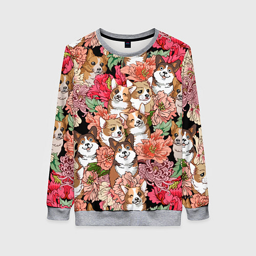 Женский свитшот Корги & Цветы / 3D-Меланж – фото 1