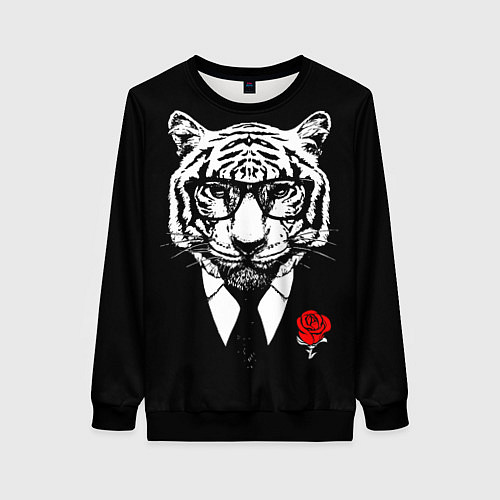 Женский свитшот Тигр с красной розой / 3D-Черный – фото 1