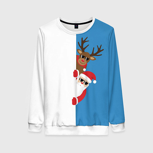 Женский свитшот Крутые Санта и Олень / 3D-Белый – фото 1
