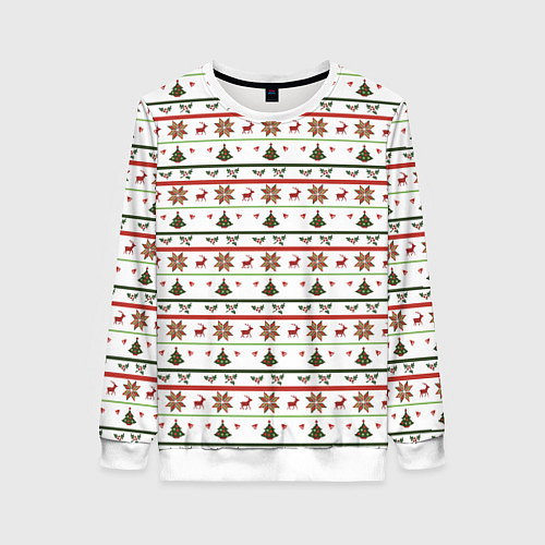 Женский свитшот Узор новогодний Бело-красно-зеленый / 3D-Белый – фото 1